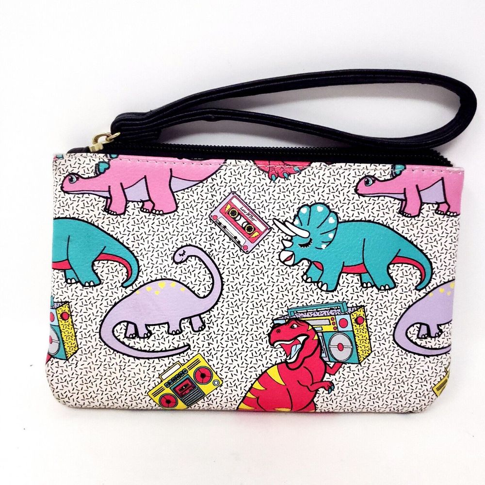 Betsey Johnson Dinosaurs Wallet Wristlet Purse Light Grey With Colored Dinos